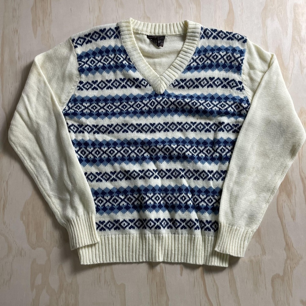 Vintage Horizon Sweater Size Medium White Blue‎ Fair Isle V Neck Knit Pullover